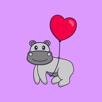 hipopótamo bonito voando com balões em forma de amor. conceito de desenho animado animal isolado. pode ser usado para t-shirt, cartão de felicitações, cartão de convite ou mascote. estilo cartoon plana vetor