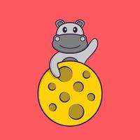 hipopótamo fofo está na lua. conceito de desenho animado animal isolado. pode ser usado para t-shirt, cartão de felicitações, cartão de convite ou mascote. estilo cartoon plana vetor