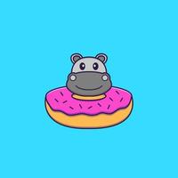 hipopótamo fofo com uma rosquinha no pescoço. conceito de desenho animado animal isolado. pode ser usado para t-shirt, cartão de felicitações, cartão de convite ou mascote. estilo cartoon plana vetor