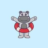 hipopótamo bonito usando uma bóia. conceito de desenho animado animal isolado. pode ser usado para t-shirt, cartão de felicitações, cartão de convite ou mascote. estilo cartoon plana vetor