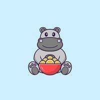 hipopótamo fofo comendo macarrão ramen. conceito de desenho animado animal isolado. pode ser usado para t-shirt, cartão de felicitações, cartão de convite ou mascote. estilo cartoon plana vetor