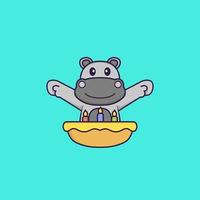 hipopótamo fofo com bolo de aniversário. conceito de desenho animado animal isolado. pode ser usado para t-shirt, cartão de felicitações, cartão de convite ou mascote. estilo cartoon plana vetor