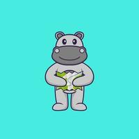 hipopótamo fofo segurando um mapa. conceito de desenho animado animal isolado. pode ser usado para t-shirt, cartão de felicitações, cartão de convite ou mascote. estilo cartoon plana vetor