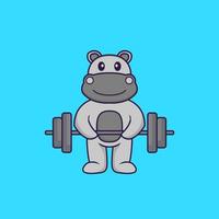 hipopótamo fofo levanta a barra. conceito de desenho animado animal isolado. pode ser usado para t-shirt, cartão de felicitações, cartão de convite ou mascote. estilo cartoon plana vetor