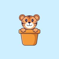 tigre bonito em um vaso de flores. conceito de desenho animado animal isolado. pode ser usado para t-shirt, cartão de felicitações, cartão de convite ou mascote. estilo cartoon plana vetor