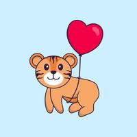 tigre bonito voando com balões em forma de amor. conceito de desenho animado animal isolado. pode ser usado para t-shirt, cartão de felicitações, cartão de convite ou mascote. estilo cartoon plana vetor