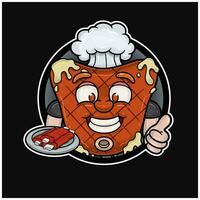 mascote desenho animado do carne bife com carne dentro prato e feliz face. com círculo logotipo. para comida, carne, churrasco e carne logotipo. vetor