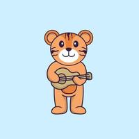 bonito tigre tocando guitarra. conceito de desenho animado animal isolado. pode ser usado para t-shirt, cartão de felicitações, cartão de convite ou mascote. estilo cartoon plana vetor