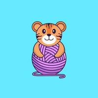 tigre bonito brincando com fios de lã. conceito de desenho animado animal isolado. pode ser usado para t-shirt, cartão de felicitações, cartão de convite ou mascote. estilo cartoon plana vetor