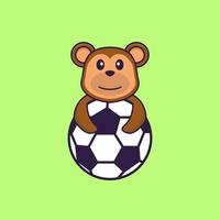 macaco bonito jogando futebol. conceito de desenho animado animal isolado. pode ser usado para t-shirt, cartão de felicitações, cartão de convite ou mascote. estilo cartoon plana vetor