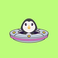 bonito pinguim dirigindo a nave espacial ufo. conceito de desenho animado animal isolado. pode ser usado para t-shirt, cartão de felicitações, cartão de convite ou mascote. estilo cartoon plana vetor