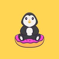 pinguim bonito está sentado em donuts. conceito de desenho animado animal isolado. pode ser usado para t-shirt, cartão de felicitações, cartão de convite ou mascote. estilo cartoon plana vetor