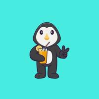 pinguim bonito segurando suco de laranja no vidro. conceito de desenho animado animal isolado. pode ser usado para t-shirt, cartão de felicitações, cartão de convite ou mascote. estilo cartoon plana vetor