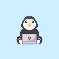 pinguim bonitinho usando laptop. conceito de desenho animado animal isolado. pode ser usado para t-shirt, cartão de felicitações, cartão de convite ou mascote. estilo cartoon plana vetor