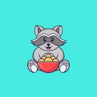 guaxinim fofo comendo macarrão ramen. conceito de desenho animado animal isolado. pode ser usado para t-shirt, cartão de felicitações, cartão de convite ou mascote. estilo cartoon plana vetor