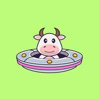 vaca bonita dirigindo a nave espacial ufo. conceito de desenho animado animal isolado. pode ser usado para t-shirt, cartão de felicitações, cartão de convite ou mascote. estilo cartoon plana vetor