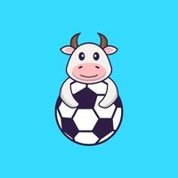 vaca bonita jogando futebol. conceito de desenho animado animal isolado. pode ser usado para t-shirt, cartão de felicitações, cartão de convite ou mascote. estilo cartoon plana vetor