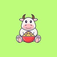 vaca fofa comendo macarrão ramen. conceito de desenho animado animal isolado. pode ser usado para t-shirt, cartão de felicitações, cartão de convite ou mascote. estilo cartoon plana vetor