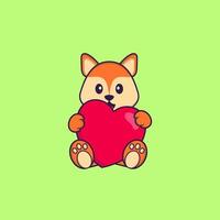 raposa bonita segurando um grande coração vermelho. conceito de desenho animado animal isolado. pode ser usado para t-shirt, cartão de felicitações, cartão de convite ou mascote. estilo cartoon plana vetor