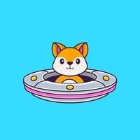 fofa raposa dirigindo a nave espacial ufo. conceito de desenho animado animal isolado. pode ser usado para t-shirt, cartão de felicitações, cartão de convite ou mascote. estilo cartoon plana vetor