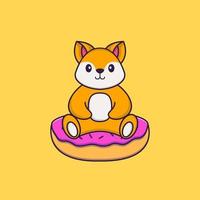 raposa bonita está sentado em donuts. conceito de desenho animado animal isolado. pode ser usado para t-shirt, cartão de felicitações, cartão de convite ou mascote. estilo cartoon plana vetor