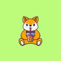 linda raposa bebendo chá com leite de boba. conceito de desenho animado animal isolado. pode ser usado para t-shirt, cartão de felicitações, cartão de convite ou mascote. estilo cartoon plana vetor