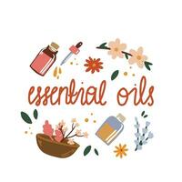 vetor ilustração do essencial óleo. garrafas do óleo e ingredientes para relaxamento, aromaterapia e massagem.