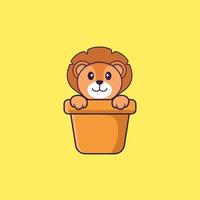 leão bonito em um vaso de flores. conceito de desenho animado animal isolado. pode ser usado para t-shirt, cartão de felicitações, cartão de convite ou mascote. estilo cartoon plana vetor