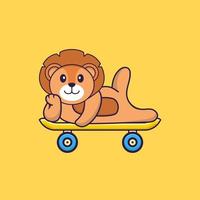 leão bonito deitado sobre um skate. conceito de desenho animado animal isolado. pode ser usado para t-shirt, cartão de felicitações, cartão de convite ou mascote. estilo cartoon plana vetor