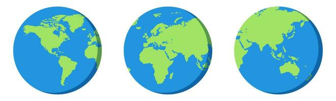 planeta terra. globo ícone dentro azul e verde. mundo mapa dentro plano Projeto em branco fundo. isolado desenho animado globo com continentes. América, Ásia e Europa silhueta. eco símbolo. vetor eps 10.