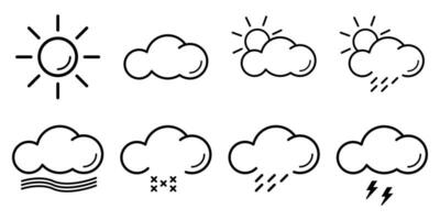 esboço clima ícones. isolado Sol e nuvem coleção. neve e vento placa definir. previsão clima ícones em branco fundo. chuva e tempestade vetor ilustração. eps 10.
