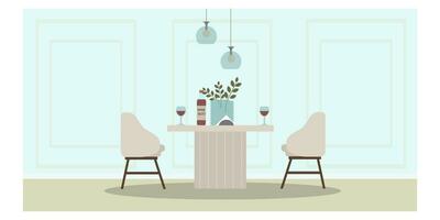 moderno cafeteria interior não pessoas. mesa para encontro com vinho e dois óculos. dois acolhedor poltronas, mesa e vinho óculos. plano estilo. casa interior conceito. vetor ilustração