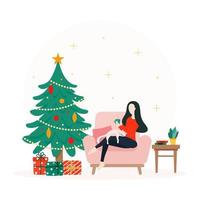 ilustração de natal com mulher sentada, gato e árvore decorada vetor
