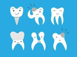 fofa plano dentes personagens conjunto com cárie, implantar, dente coroa. dental Cuidado e tratamento. conceito para criança odontologia. dentes limpeza e prevenção. oral higiene conceito. vetor