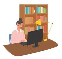 uma mulher está trabalhando em um computador em seu escritório. vetor