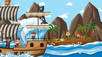 cena da ilha do tesouro durante o dia com crianças piratas vetor