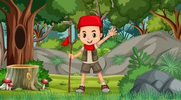 cena da natureza com um personagem de desenho animado de um menino muçulmano explorando a floresta vetor