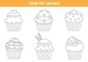 conjunto de cores de cupcakes fofos. página para colorir para crianças. vetor