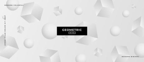 Cubo geométrico 3D e formas de esfera em fundo branco e cinza.
