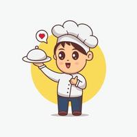 menino chef bonito servindo ilustração de comida. personagem de desenho animado kawaii vetor