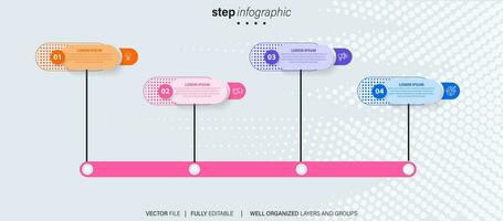 Linha do tempo infográfico com infográfico. moderno apresentação modelo com 4 spets para o negócio processo. local na rede Internet modelo em branco fundo para conceito moderno Projeto. horizontal layout. vetor