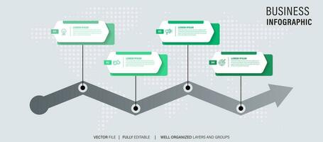 Linha do tempo infográfico com infográfico. moderno apresentação modelo com 4 spets para o negócio processo. local na rede Internet modelo em branco fundo para conceito moderno Projeto. horizontal layout. vetor