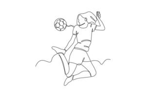 contínuo 1 linha desenhando engraçado fêmea futebol jogadoras conceito. rabisco vetor ilustração.