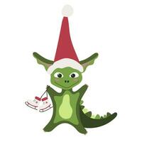 verde pequeno Dragão símbolo do 2024 dentro santa chapéu com patins. feriado cartão. chinês Novo ano vetor