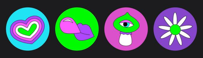 groovy hippie círculo adesivo Anos 70 definir. engraçado desenho animado brilhante néon cores - flor, amor, arco-íris, paz, coração, margarida, cogumelo, olho. psicodélico pacote dentro na moda retro estilo. isolado vetor. vetor