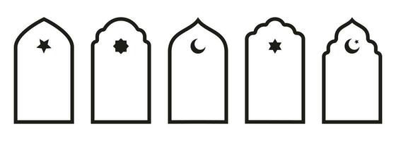 forma islâmico porta e janela silhueta árabe arco com símbolos . coleção do padrões dentro oriental estilo. quadros dentro árabe muçulmano para Ramadã kareem. vetor mesquita portão acidente vascular encefálico isolado em branco.