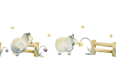 aguarela mão desenhado ilustração, fofa pelúcia bebê ovelha pulando sobre cerca com mágico Estrela flores desatado fronteira isolado em branco fundo. para crianças, crianças quarto, tecido, roupa de cama impressão vetor