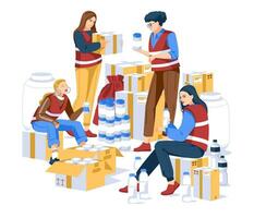 voluntário armazém do produtos e necessidades. quatro fêmea voluntários ordenar e distribuir a bens. plano vetor ilustração