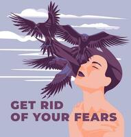 uma jovem mulher pega livrar do dela medos. a metáfora do vôo corvos. psicológico e mental saúde e terapia. vetor plano ilustração