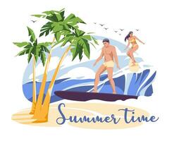 verão surf. jovem pessoas uma cara e uma menina surfar em grande oceano ondas. tropical costa com Palma árvores plano vetor ilustração